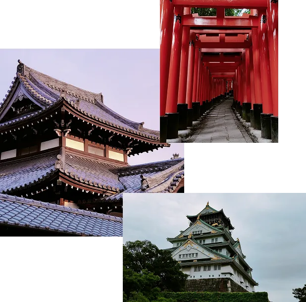 Souvenirs du Japon : architecture traditionnelle, allée de torii rouges et château d’Osaka
